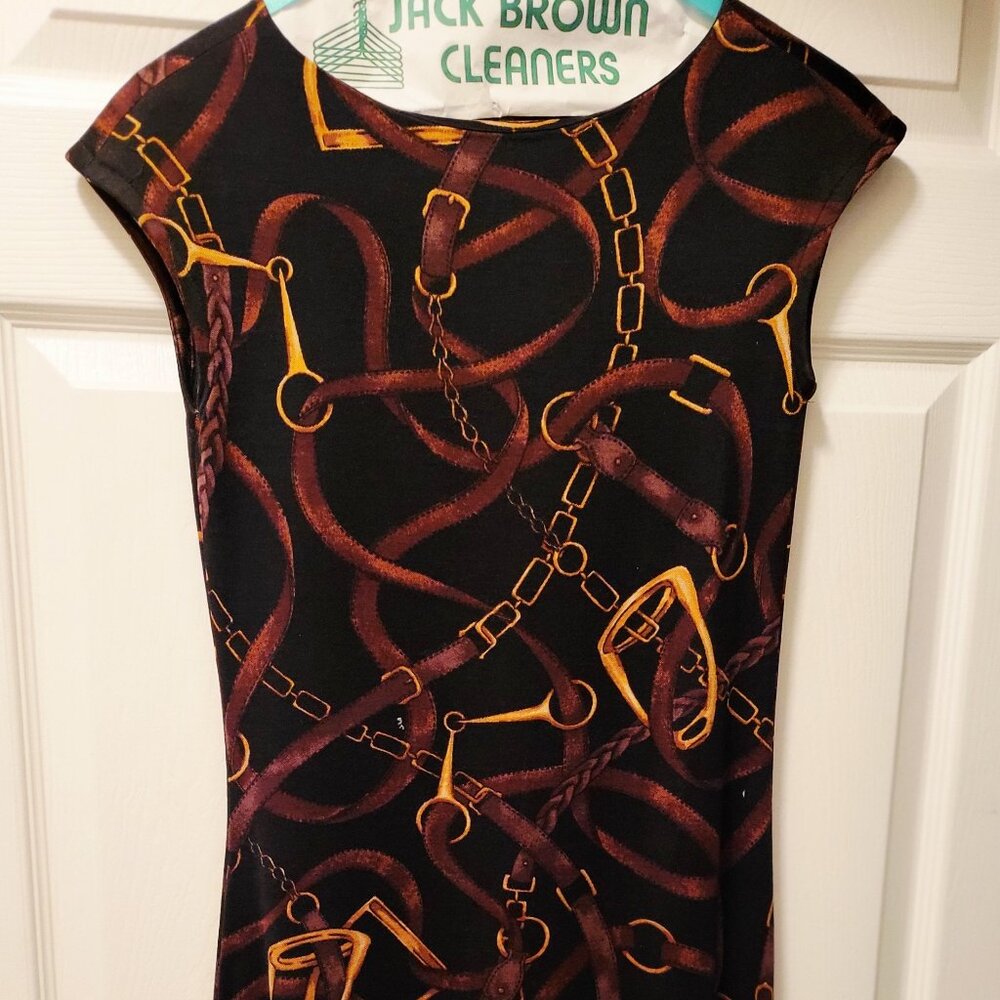 Ralph Lauren Dress, Black with Prints of Brown Belts and Gold Hardware. Size S